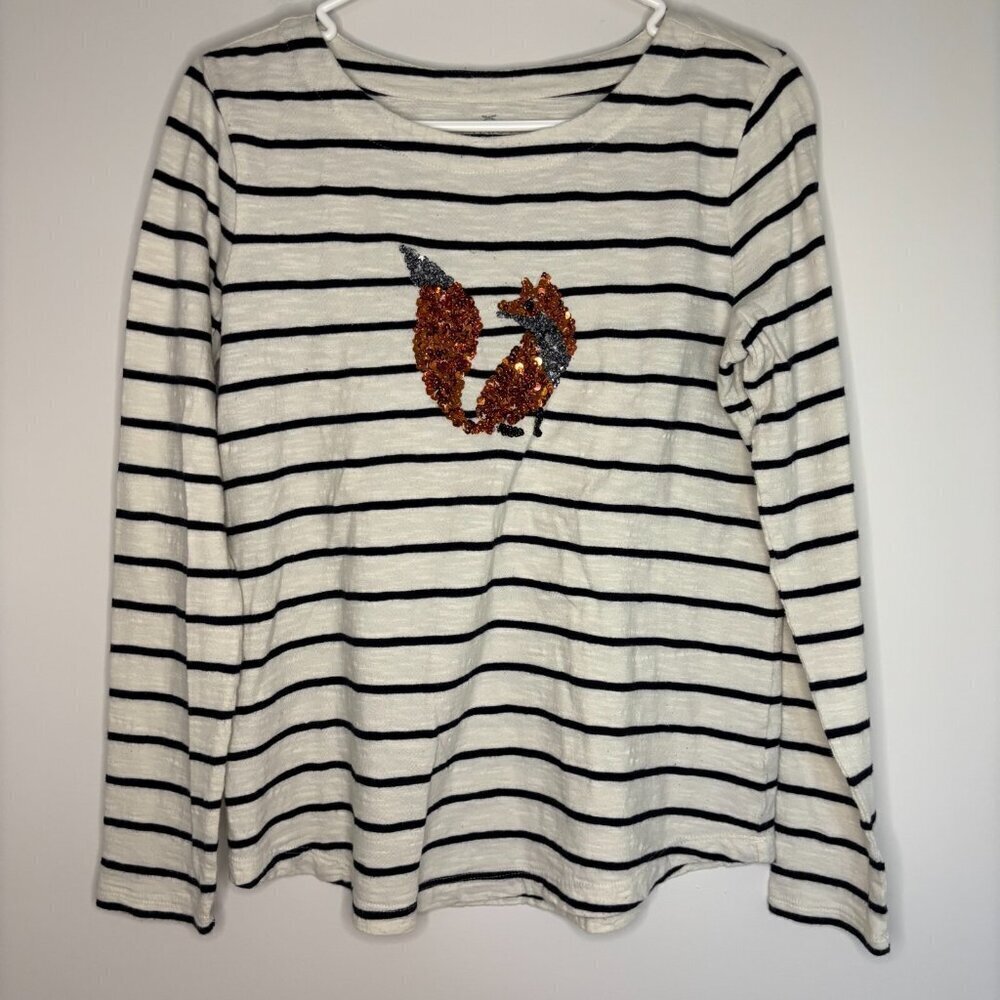 TALBOTS Tunic Small Black White Stripe Sequin Fox Long Sleeve Cotton Women